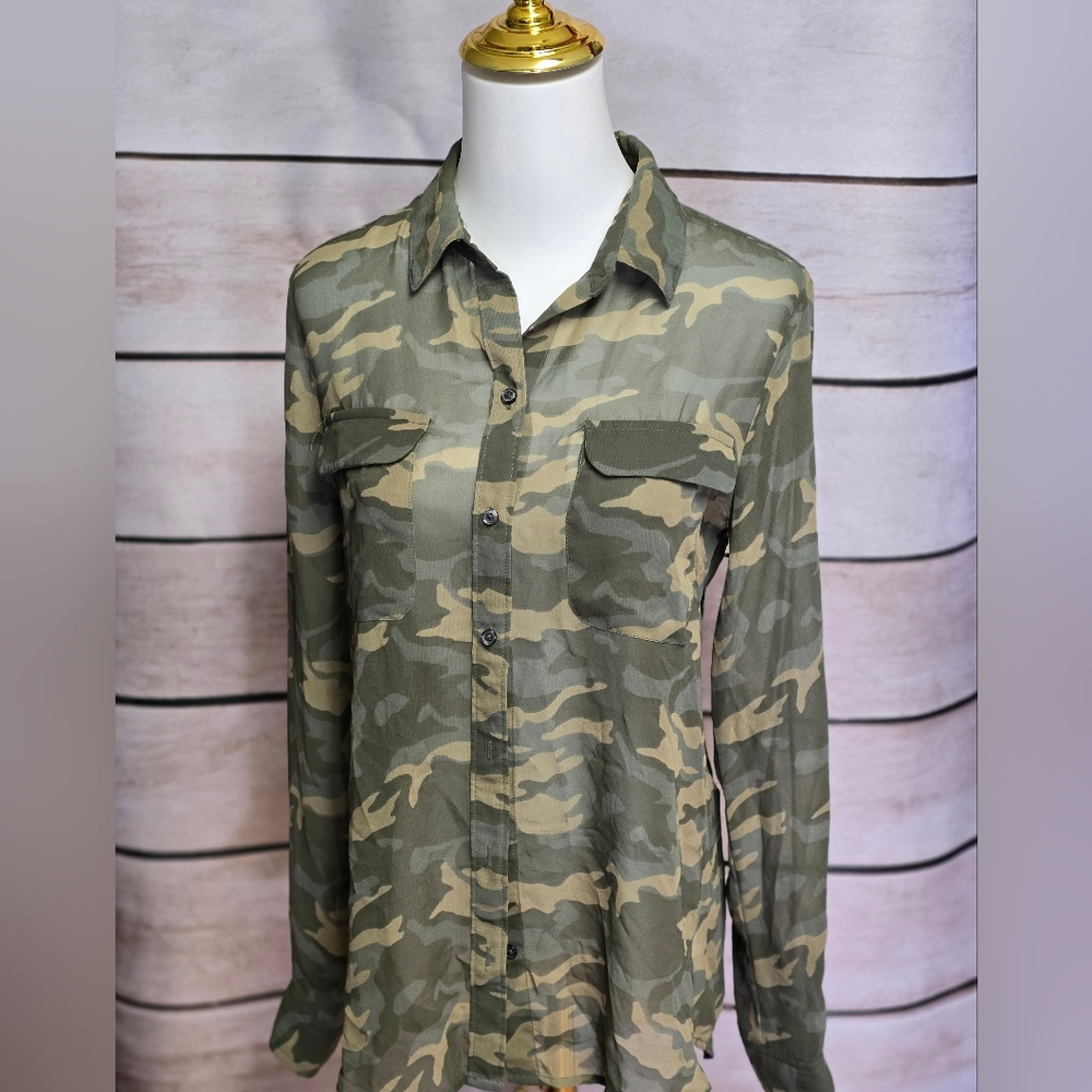 Sheer Green Camouflage button down blouse